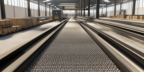 Obraz premium A conveyor system in a factory transporting raw materials. The streamlined design and automation showcase efficient resource management.