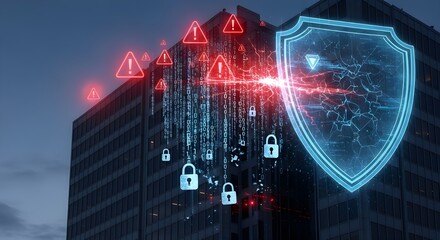 Cyber attack threat on corporate building with digital shield protection