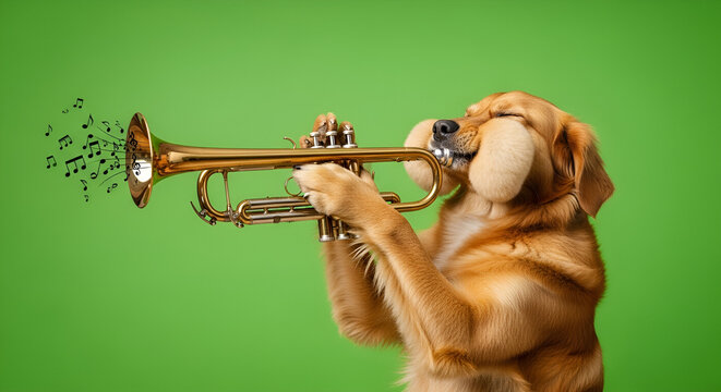 Funny dog playing trumpet with musical notes on green background