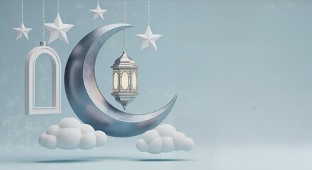 Realistic 3D Rendered Islamic Ramadan Kareem Eid Mubarak Celebration Crescent Moon Star Lantern Clouds Blue Background Festive Decor