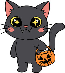Cute Cartoon Black Cat with Pumpkin Bucket Illustration.