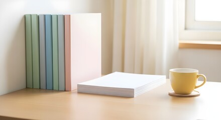 Modern workspace setup with pastel books and yellow mug