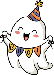 Cartoon Ghost with Party Hat and Boo Banner.