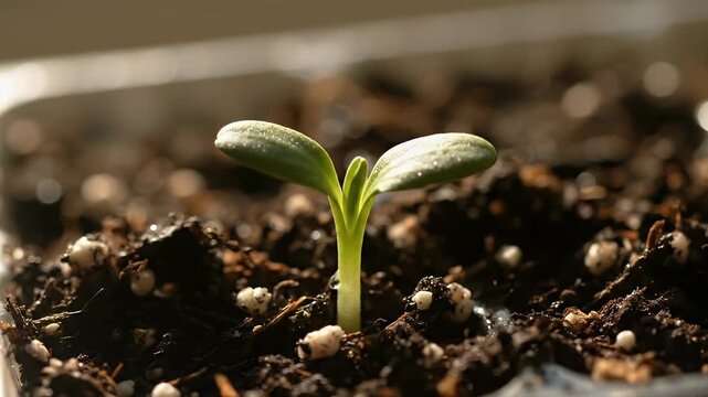 A small plant with two rounded leaves emerges from dark soil in a tray with perlite visible