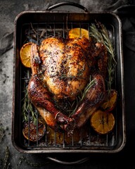 Naklejka premium Top view of roasted holiday turkey with citrus and herbs.
