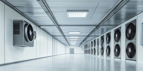 A system for cooling and ventilating an industrial room, showcasing the distribution of air to prevent overheating and ensure comfort in the workplace.