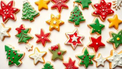 A medley of festive Christmas cookies, assorted shapes and colors, isolated against a pristine white background,  christmas treats,  sweet