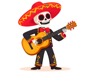 Skeleton Musician with Sombrero Playing Guitar – Mexican Cultural Art PNG