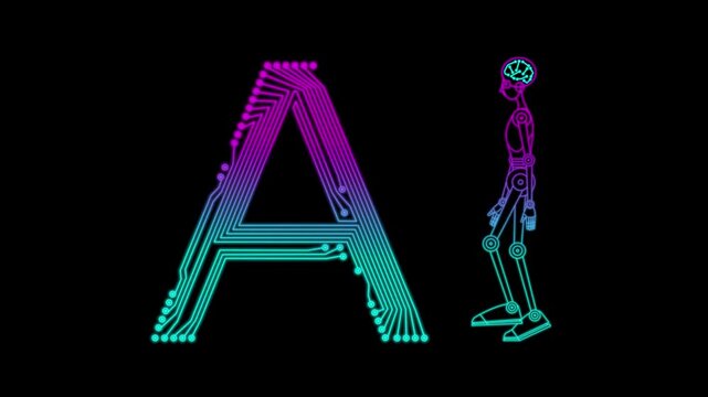 Humanoid robot walking next to letter A, animated. Artificial intelligence concept.