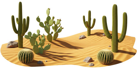 a desert with cactuses and sand cutout image and isolated on transparent background


