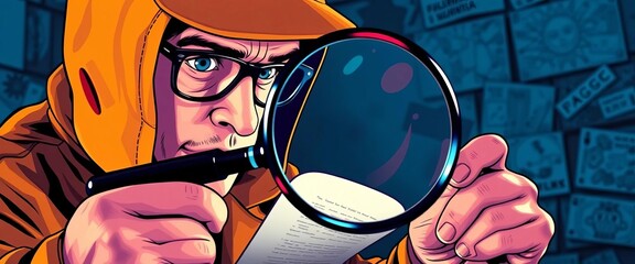 Detective investigates clue with magnifying glass, vibrant pop art style,   intrigue,   law