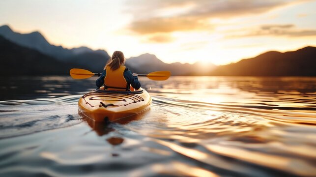 Kayaking adventure at sunset serene lake outdoor activity peaceful nature wide-angle viewpoint - Powered by Adobe