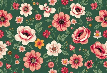 Hand-drawn retro floral seamless pattern; vintage botanical blooms, flat style, beautiful flowers, fabric print, wrapping paper,  design element,  surface pattern