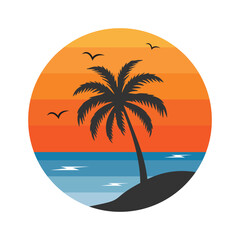 Summer Beach Logo Pack with Palm Trees and Sunset – Tropical Holiday Vector Illustration
