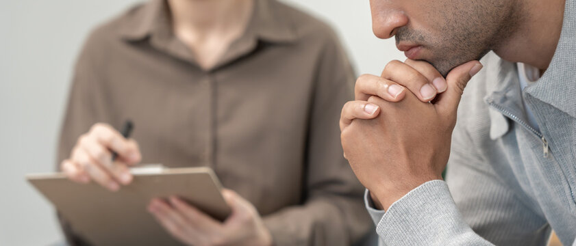 man with mental health problems is consulting. psychiatrist is recording the patient's condition for treatment. encouragement, love and family problem, bipolar , depression patient, protect suicid