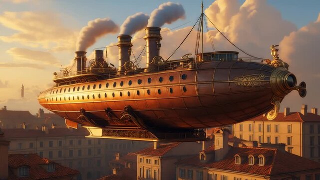 Large steampunk style airship with copper hull and smoking chimneys flying above old city rooftops in warm evening sunlight atmosphere
