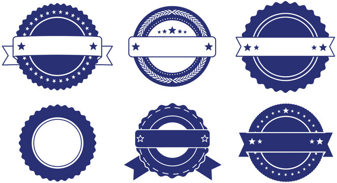 Collection of blue and white vector label and seal icons for certification or guarantee