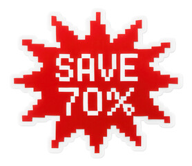 Obraz premium Bright red burst sticker with SAVE 70% promo in pixelated style, attention-grabbing retail discount offer on transparent background.