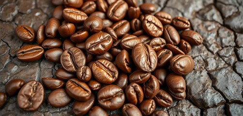 Obraz premium Deep brown, oily roasted coffee beans, uneven surface, cracked texture, food, high quality