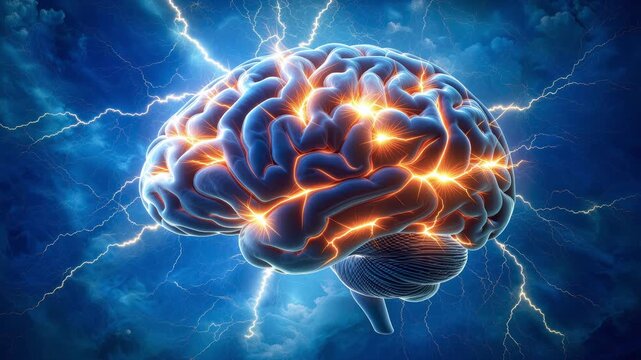 Human Brain with Neural Electric Impulses and Lightning Effects