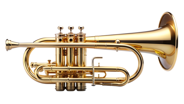 Shiny brass cornet musical instrument on a black background