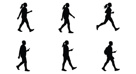 Silhouettes of a woman walking in various poses and directions on white background