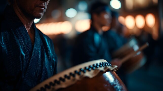 Traditional Japanese matsuri parade with taiko drums in a local street under atmospheric lighting