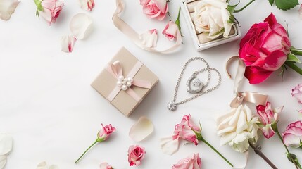 Romantic Valentine's Day Composition: Fresh Flowers and Elegant Jewelry Gift Box Arranged on a Clean White Background, Featuring Red Roses, Sparkling Necklaces, and Decorative Ribbons, Perfect for Hol