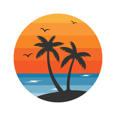 Fototapeta premium Summer Beach Logo Pack with Palm Trees and Sunset – Tropical Holiday Vector Illustration 