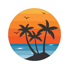 Summer Beach Logo Pack with Palm Trees and Sunset – Tropical Holiday Vector Illustration
