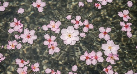  A peaceful and beautiful spring-themed background. Floating sakura petals on water symbolize renewal, tranquility, and the transient beauty of nature, inspired by Japanese aesthetics. 