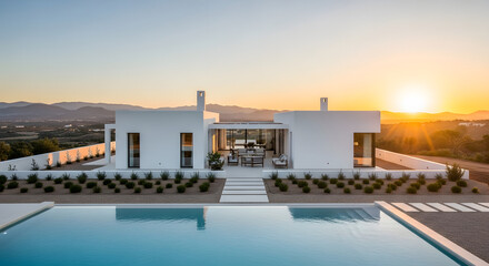 Obraz premium Modern villa with pool at sunset, luxury home exterior design concept