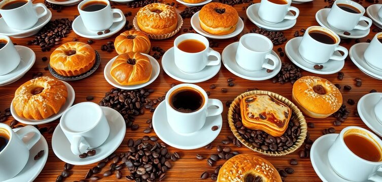 Endless repeating pattern of coffee cups, coffee beans, and pastries on a wooden table, beige, croissant