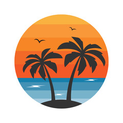 Summer Beach Logo Pack with Palm Trees and Sunset – Tropical Holiday Vector Illustration
