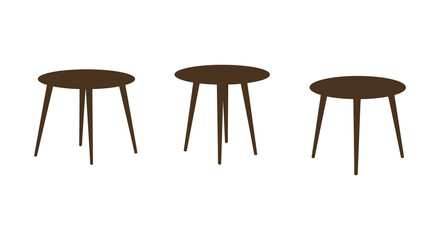 Three brown wooden stools with four legs on white background