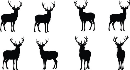 Silhouette of deer with antlers, vector design, wild animal illustrations, stag and buck, nature wildlife symbols, forest fauna graphics.