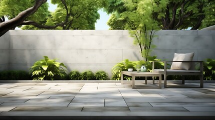 3D-rendered outdoor garden with minimalist patio furniture, polished concrete pavers, a small water feature, green foliage, and a modern privacy fence, full frame,