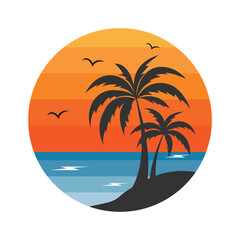 Summer Beach Logo Pack with Palm Trees and Sunset – Tropical Holiday Vector Illustration
