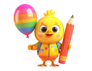 Cute 3D Chick in Colorful Hoodie Holding Pencil and Balloon, Front View PNG