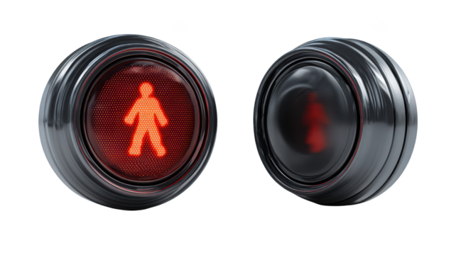 Modern, metallic push buttons. One lit red pedestrian symbol, the other off