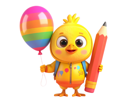 Cute 3D Chick in Colorful Hoodie Holding Pencil and Balloon, Front View PNG - Powered by Adobe
