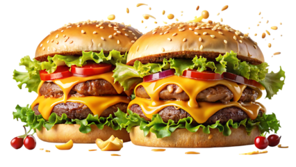 Two delicious double cheeseburgers with fresh toppings and sesame seed buns