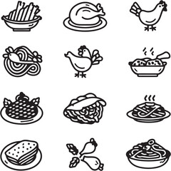 Chicken Alfredo black Line Editable Icons set