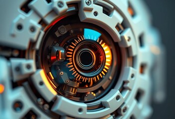 Intricate robotic eye mechanism close-up, revealing complex internal gears and sensors, future, electronic