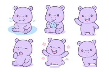 Cute Purple Hippo Cartoon Characters Sticker Pack