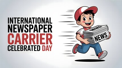 International Newspaper Carrier Day Poster Featuring Cartoon Boy Running with News – Honoring Delivery Workers and Journalism Contributions Worldwide