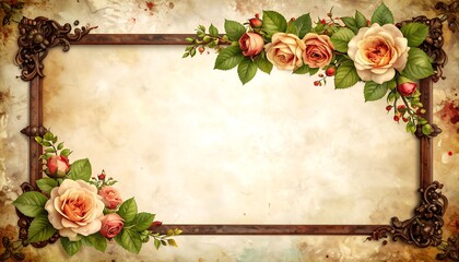 A vintage-style frame with delicate floral arrangements of peach and rose colored roses adorns a textured, aged background.