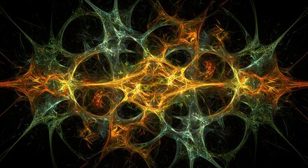 Abstract symmetrical pattern of glowing geometric shapes.