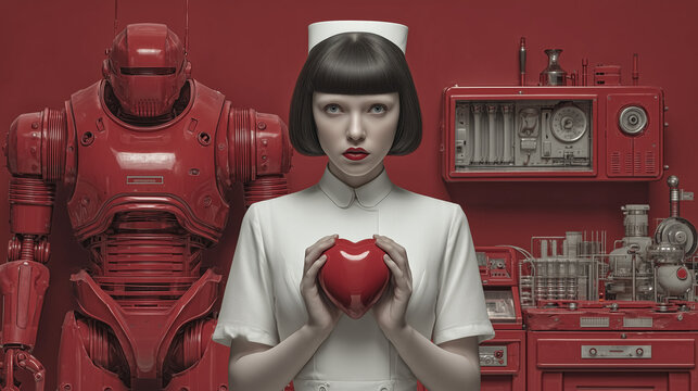 A nuse holding red heart on her hand , robot assistance red color tone is background , futuristic surreal image.