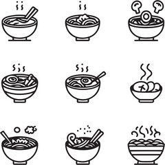 Chicken Noodle Soup Black Line Editable Icons set